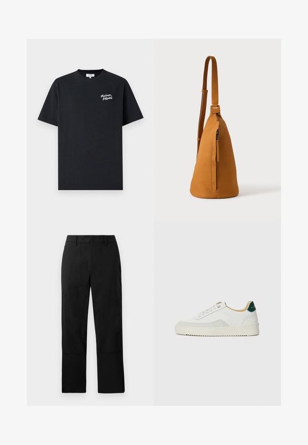 Μαύρο βαμβακερό t-shirt με στρογγυλή λαιμόκοψη. Διαθέτει λευκό χειρόγραφο λογότυπο της μάρκας στο αριστερό στήθος. Κοντά μανίκια, κανονική εφαρμογή.; Μαύρο παντελόνι φτιαγμένο από λείο ύφασμα, με επίπεδο μπροστινό μέρος, δύο μπροστινές τσέπες και ίσια γραμμή κοπής με διακριτές ραφές.; Λευκά sneakers με σουέτ λεπτομέρειες, στρογγυλή μύτη, επίπεδα κορδόνια και κρέμα από καουτσούκ σόλα. Διαθέτει πράσινη επωνυμία στη φτέρνα.; Τσαντάκι ώμου από ταν δέρμα με ρυθμιζόμενο λουρί και κάθεσια τσέπη με φερμουάρ, εμφανίζεται από το πλάι σε απλό ανοιχτό φόντο.