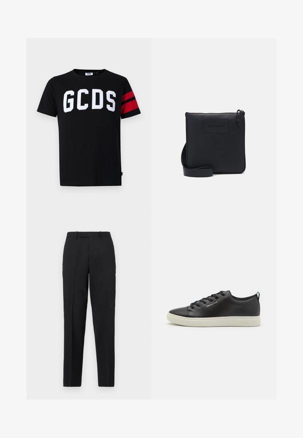 Zwarte katoenen T-shirt met groot wit "GCDS" logo, rode gestreepte accenten op de mouwen, ronde hals en een standaard pasvorm.; Theory STRAIGHT - Broek - deep black; Zwarte leren sneaker met ronde neus, contrasterende witte rubberen zool, zes gaatjes voor de vetersluiting en subtiele merkvermelding aan de zijkant.; Zwarte leren schoudertas met een gestructureerde afwerking, rechthoekige vorm, ritssluiting en verstelbare schouderband. Kenmerkt zich door een subtiele merklogo aan de voorkant.
