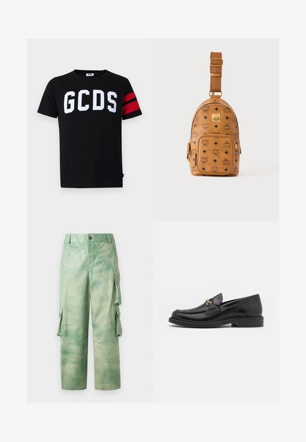 Zwarte katoenen T-shirt met groot wit "GCDS" logo, rode gestreepte accenten op de mouwen, ronde hals en een standaard pasvorm.; Les Benjamins VINTAGE PANT - Leren broek - army green; Zwarte leren instappers met een ronde neus, voorzien van een gouden hardware accent en stikdetails, geplaatst op een lage, getextureerde rubberen zool.; Kleine lichtbruine leren crossbodytas met verstelbare schouderriem, voorvak met rits en herhalend zwart MCM-logo patroon.