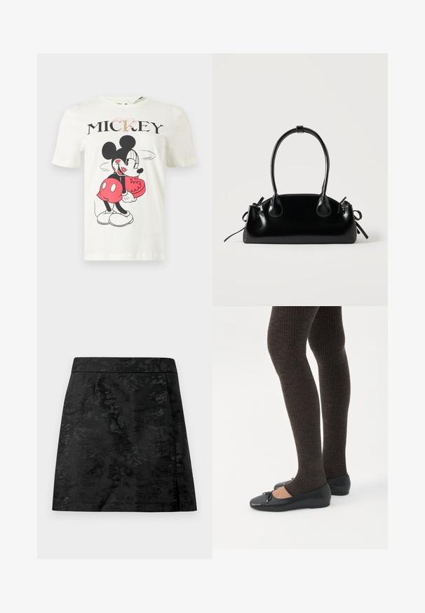 T-shirt blanc avec Mickey Mouse stylisé tenant une boîte en forme de cœur, avec le mot « MICKEY » en lettres noires au-dessus.; Jupe noire avec un motif floral, texture lisse et coupe ajustée. Présente une taille élastiquée et une coupe droite avec une légère évasement.; Jambes portant des leggings côtelés foncés associés à des ballerines noires avec de petits détails en nœud sur fond blanc.; Petit sac à main noir brillant avec deux longues anses et des détails à cordon sur les côtés sur un fond clair uni.