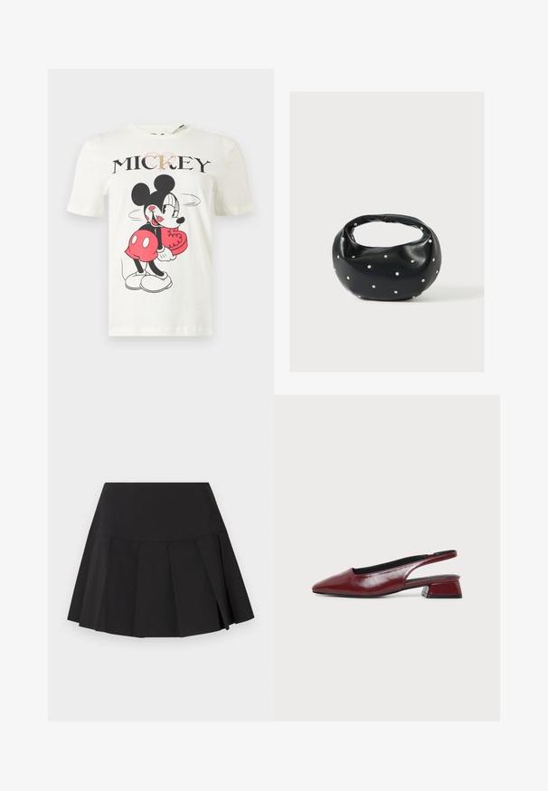 T-shirt blanc avec Mickey Mouse stylisé tenant une boîte en forme de cœur, avec le mot « MICKEY » en lettres noires au-dessus.; Mini-jupe plissée noire avec une large ceinture, des plis verticaux espacés uniformément et un ourlet légèrement évasé.; Chaussure slingback en cuir marron avec bout pointu et petit talon carré, vue de profil sur fond clair uni.; Sac à main en cuir noir de forme arrondie, décoré de clous argentés et équipé d'une poignée courte. Texture lisse et fermeture éclair.