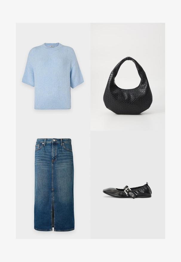 Pull en maille bleu clair à manches courtes et col rond. Présente une texture douce et une coupe décontractée, avec des détails côtelés au niveau du col et des poignets.; Jupe midi en denim bleu foncé avec une fente à l'avant, cinq poches et des coutures contrastées. Elle dispose d'une fermeture par bouton et zip à la taille.; Chaussure plate en cuir noir avec un nez pointu, des détails froncés autour de l'ouverture et un accent en boucle argentée sur la bride ajustable.; Sac à main tissé noir avec une poignée courbée, présentant une surface texturée et une forme décontractée. Fini lisse avec une silhouette organique.