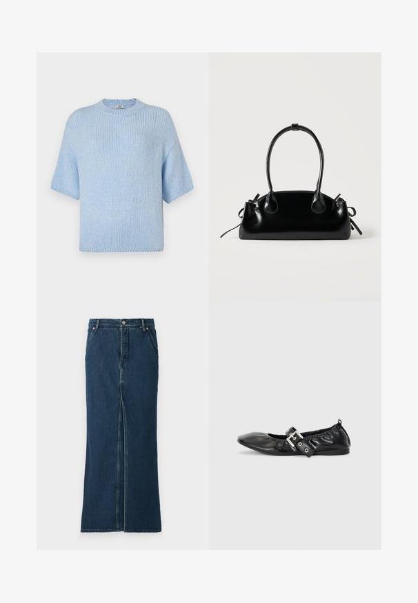 Pull en maille bleu clair à manches courtes et col rond. Présente une texture douce et une coupe décontractée, avec des détails côtelés au niveau du col et des poignets.; Good American FIT AND FLARE MAXI SKIRT - Jupe en jean - indigo; Chaussure plate en cuir noir avec un nez pointu, des détails froncés autour de l'ouverture et un accent en boucle argentée sur la bride ajustable.; Petit sac à main noir brillant avec deux longues anses et des détails à cordon sur les côtés sur un fond clair uni.