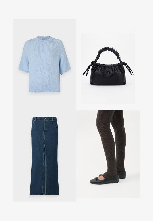 Hele sinine kudumine lühikeste varrukatega kampsun, millel on ümar kaelus. Omab pehmet tekstuuri ja mugavat lõiget, koos ribakujundusega kaelas ja varrukaotsades.; Good American FIT AND FLARE MAXI SKIRT - Teksaseelik - indigo; Jalad seljas tumedad soonelises soonelises kombines mustade baleriinadega, millel on väikesed paelade detailid valgel taustal.; Must käekott krokodillinaha tekstuuriga, voltis ülaservaga, kogutud sangaga ja kummipaeladega tutsidega igal küljel valgel taustal.
