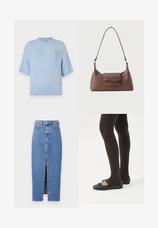 Lysblå strikket kortærmet sweater med rund hals. Har en blød tekstur og en afslappet pasform, med ribbede detaljer ved kraven og ærmerne.; Lyseblå denim midi-nederdel med en frontslids, klassisk fem-lomme design og lukning med topknap. Stoffet har en let struktur.; Ben iført mørke ribbede leggings kombineret med sorte balletsko med små sløjfedetaljer på hvid baggrund.; Brun skuldertaske i læder med en frontlomme med klap, der har en sydd sløjfedetalje, og en justerbar rem.