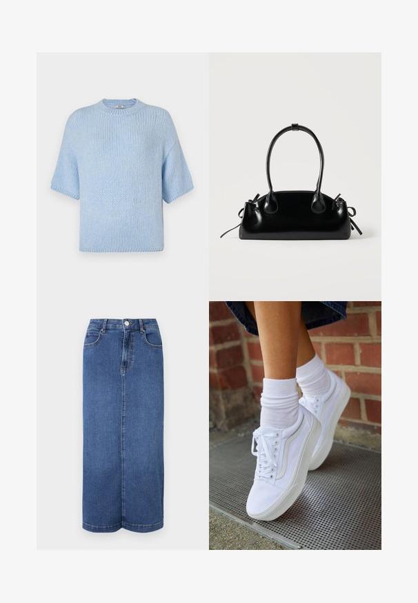 Lysblå strikket kortærmet sweater med rund hals. Har en blød tekstur og en afslappet pasform, med ribbede detaljer ved kraven og ærmerne.; Mørkeblå denim maxiskørt med lige snit, talje med knaplukning og minimale syninger.; Hvide lærreds sneakers med gummisåler, der har seks snørehuller, rund tå og let sømdetaljer, krydret med hvide ankelstrømper.; Lille sort blank håndtaske med to lange håndtag og snøre-detaljer i siden på en ensfarvet lys baggrund.
