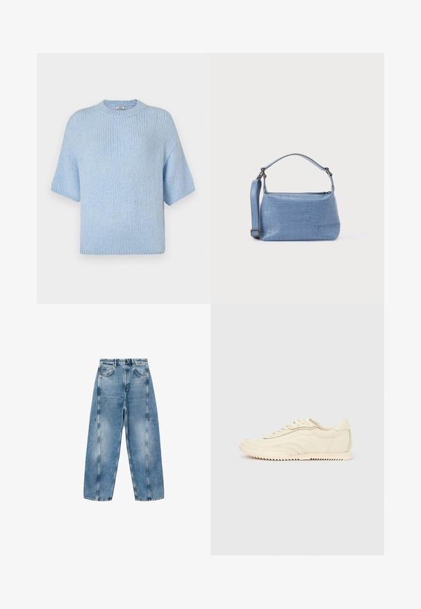 Lichtblauwe gebreide trui met korte mouwen en een ronde hals. Kenmerkt zich door een zachte textuur en een ontspannen pasvorm, met ribbeldetails op de kraag en manchetten.; Lichtblauwe denim jeans hebben een relaxte pasvorm, grote zakken en contrasterende stiksels. De stof heeft een vervaagde afwerking met een soepele textuur.; Low-profile sneaker in crèmekleur met golvende stiksels, vetersluiting en een geribbelde zool, zijaanzicht tegen een effen achtergrond.; Lichtblauwe handtas met krokodillenprint, voorzien van een korte handgreep en een afneembare schouderriem. Gladde textuur met een ritssluiting.