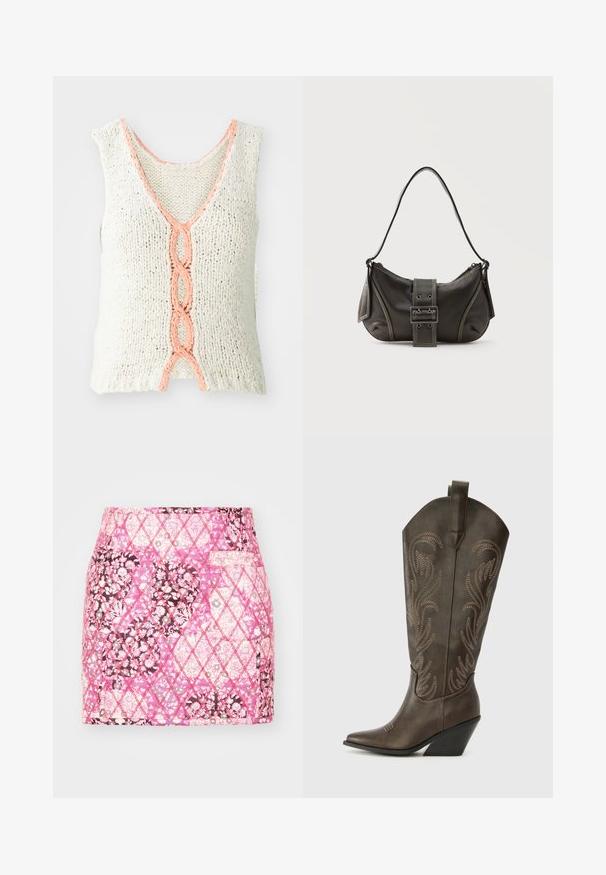 Top sin mangas de punto en color crema con cuello en V, que presenta un detalle trenzado en color coral en el frente. Tejido texturizado con corte holgado.; Falda acolchada rosa con un patrón floral en varias tonalidades, con un bolsillo lateral y un detalle de costura en forma de rombo.; Bota de vaquero de cuero marrón con puntera afilada, tacón en cuña y bordado decorativo. Presenta un caña alta y una lengüeta de agarre.; Bolso de hombro de cuero negro con detalle de correa con hebilla, bordes curvos y costuras blancas en contraste sobre un fondo liso.