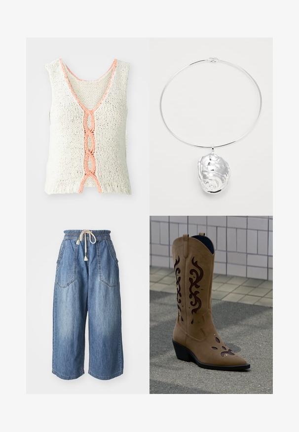 Débardeur en tricot sans manches en crème avec un col en V, présentant un détail tressé en corail à l'avant. Tissu texturé avec une coupe ample.; Pantalon culotte en denim avec une taille élastique et un cordon de serrage. Comprend deux poches latérales et une couleur bleu délavé avec des jambes droites et larges.; Botte de cowboy en daim beige avec des découpes décoratives marron foncé et des coutures, posée sur un trottoir devant un mur carrelé.; Collier en argent avec un grand pendentif en coquillage, présentant des surfaces lisses et réfléchissantes ainsi qu'une texture complexe. Design de chaîne ronde simple.