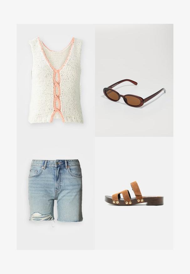 Débardeur en tricot sans manches en crème avec un col en V, présentant un détail tressé en corail à l'avant. Tissu texturé avec une coupe ample.; Shorts en denim bleu clair avec ourlet effiloché, détails usés et fils blancs visibles au niveau de la coupe. Design classique à cinq poches.; Sandale mule en daim marron à bout ouvert avec un talon bloc en bois bas, deux brides horizontales et une bride de cheville ornée de clous dorés.; Lunettes de soleil rondes teinte brun avec une monture bordeaux brillante. Branches fines avec un détail de marque subtil. Design de verres plats.