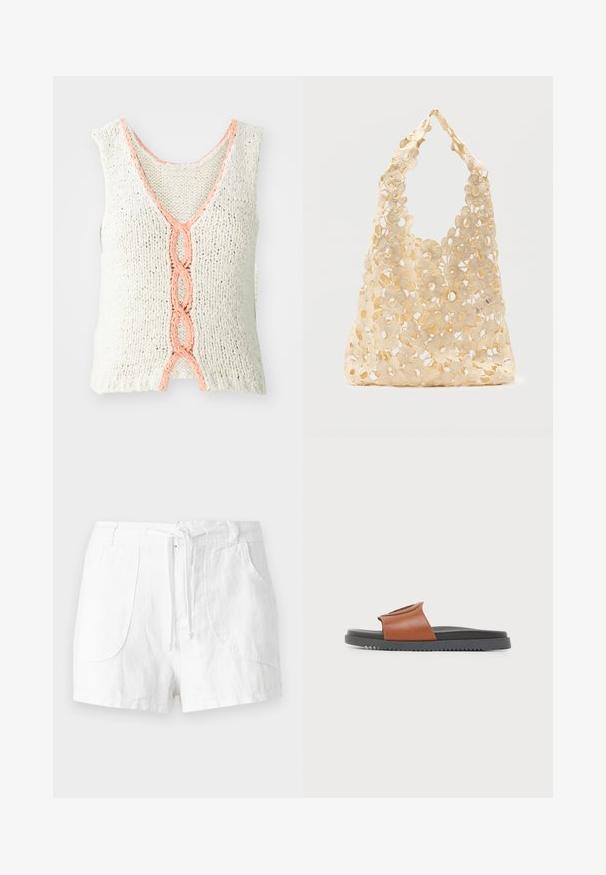 Top sin mangas de punto en color crema con cuello en V, que presenta un detalle trenzado en color coral en el frente. Tejido texturizado con corte holgado.; Pantalones cortos de lino blancos con cintura ajustable, cuentan con dos bolsillos frontales y una textura suave. Diseño simple sin adornos.; Vista lateral de una sandalia tipo slide con una correa de cuero marrón y una suela negra acanalada sobre un fondo blanco.; Bolso tote beige de crochet con un patrón floral abierto, que presenta flores grandes y pequeñas y una sola asa en forma de lazo.