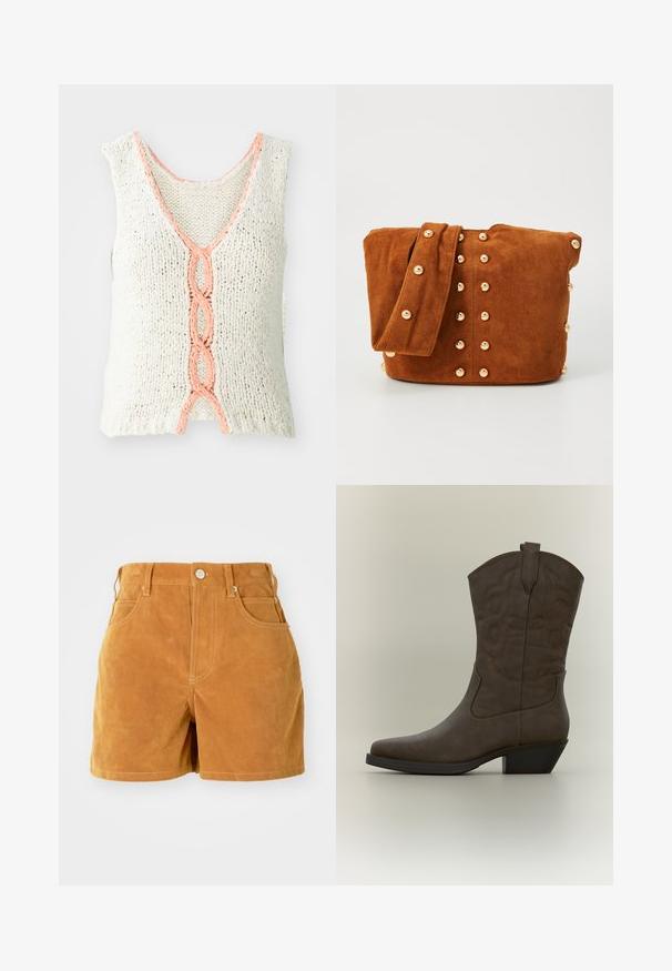 Top sin mangas de punto en color crema con cuello en V, que presenta un detalle trenzado en color coral en el frente. Tejido texturizado con corte holgado.; Pantalones cortos de ante marrón de cintura alta con botón frontal, lazos para cinturón y diseño de cinco bolsillos sobre un fondo blanco liso.; Bota de vaquero de cuero marrón de altura media con punta puntiaguda, costura decorativa, tira para tirar y tacón de bloque inclinado sobre fondo neutro.; Bolso de hombro de ante marrón con una correa ancha, que presenta tachuelas metálicas doradas dispuestas en un patrón vertical en la parte delantera y los lados.