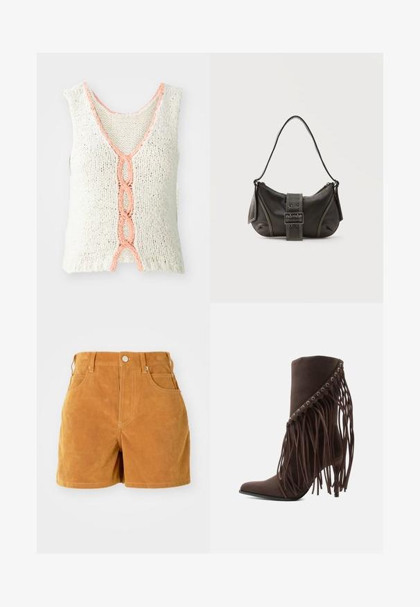 Débardeur en tricot sans manches en crème avec un col en V, présentant un détail tressé en corail à l'avant. Tissu texturé avec une coupe ample.; Shorts taille haute en daim marron avec bouton à l'avant, passants de ceinture et style à cinq poches sur fond blanc uni.; Bottine marron en daim à talon haut avec bout pointu et longues franges suspendues du bord supérieur.; Sac à épaule en cuir noir avec une sangle à boucle, des bords arrondis et des coutures blanches contrastées sur un fond uni.