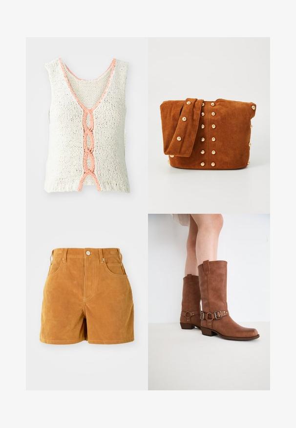 Top sin mangas de punto en color crema con cuello en V, que presenta un detalle trenzado en color coral en el frente. Tejido texturizado con corte holgado.; Pantalones cortos de ante marrón de cintura alta con botón frontal, lazos para cinturón y diseño de cinco bolsillos sobre un fondo blanco liso.; Botas de tobillo de cuero marrón con una puntera ligeramente puntiaguda, hebillas decorativas y un tacón bajo y apilado. Textura suave con un acabado mate.; Bolso de hombro de ante marrón con una correa ancha, que presenta tachuelas metálicas doradas dispuestas en un patrón vertical en la parte delantera y los lados.
