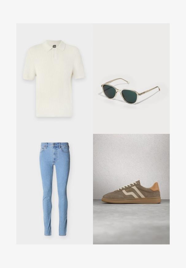 BOSS AKOPPO - Pikeepaita - open yellow; Vaaleansiniset slim-fit-farkut, joissa edessä napit, vetoketju ja viiden taskun muotoilu, valkoisella taustalla esitettyinä.; Ruskea mokkanahkainen lenkkari, jossa on beigejä raidoituksia, kermaiset nauhat ja kumipohja, kelluu harmaan lattian ja lasiblokkiseinän taustalla.; Valkoiset kehykset sisältävät tummanvihreät linssit. Suunnittelussa on ainutlaatuinen muoto ja ohuet metallikoristeet sankoissa.