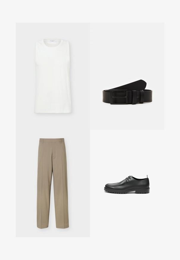 Haut blanc sans manches à col rond en tissu lisse, présenté à plat sur un fond clair.; Pantalon beige droit avec passants de ceinture et plis marqués, présenté sur un fond blanc uni.; Chaussures en cuir noir avec une finition lisse, bout arrondi et coutures décoratives. Elles possèdent une semelle en caoutchouc avec des rainures de traction et un laçage.; Ceinture en cuir noir roulée avec une boucle en métal rectangulaire noir mat et deux passants sur fond blanc.