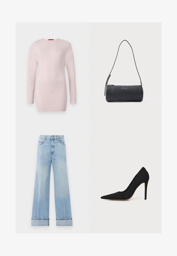 Top de manga larga de color rosa claro con cuello redondo, que presenta detalles de costura diagonal y una textura suave.; Jeans anchos de color azul claro hechos de denim, con una cintura alta, dobladillos enrollados y un diseño clásico de cinco bolsillos. Acabado limpio con un desgaste mínimo.; Zapato stiletto negro de tacón alto con punta afilada y textura lisa, mostrado de lado sobre un fondo claro y uniforme.; Bolso de hombro cilíndrico negro de cuero con cremallera dorada y logo "Michael Kors" en el frente, correa ajustable con hebilla.