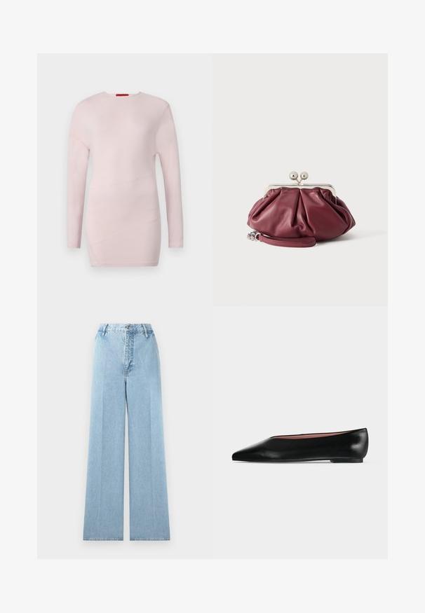 Top de manga larga de color rosa claro con cuello redondo, que presenta detalles de costura diagonal y una textura suave.; Jeans de mezclilla de corte ancho en azul claro con una cintura alta, con cinco pasadores para cinturón, cierre frontal con botón y costuras cosidas.; Zapato plano negro de cuero para mujer con punta puntiaguda y tacón bajo, mostrado de lado sobre un fondo liso gris claro.; Pequeño bolso de mano de cuero burdeos con cierre metálico plateado y correa de muñeca sobre fondo blanco.