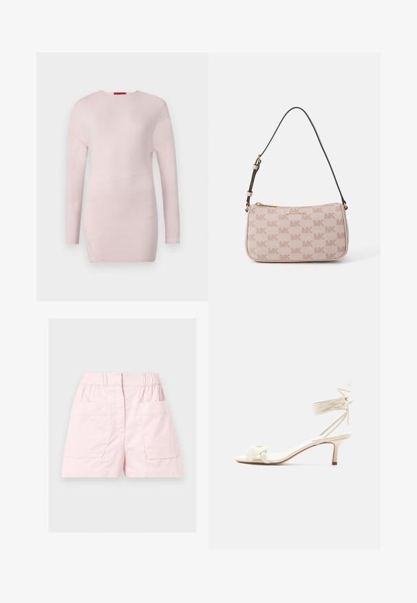 Haut rose clair à manches longues avec un col rond, présentant des détails de couture diagonale et une texture lisse.; Shorts décontractés rose clair avec ceinture élastique, couture avant et deux grandes poches plaquées de chaque côté.; Sandale à talon bas de couleur crème avec des liens à nouer autour de la cheville et une large bride torsadée sur les orteils, sur un fond blanc uni.; Sac bandoulière rose clair avec un tissu texturé arborant un motif intégral du logo MK, une fermeture éclair dorée et une sangle ajustable marron foncé.