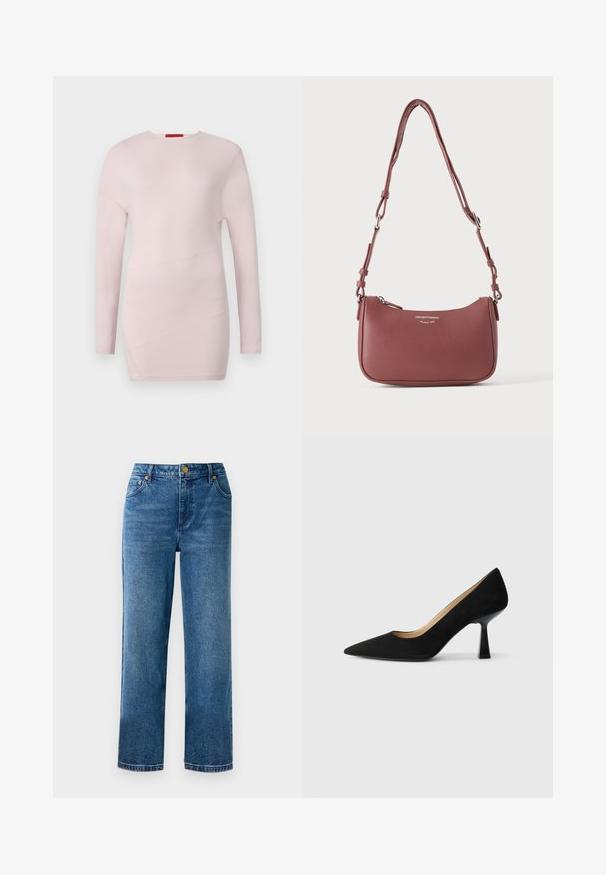 Top de manga larga de color rosa claro con cuello redondo, que presenta detalles de costura diagonal y una textura suave.; Jeans de tiro alto azules con corte recto, fabricados en denim, que cuentan con cinco bolsillos y detalles en hardware dorado.; Zapato de tacón alto de ante negro con punta afilada, que cuenta con un tacón de bloque negro brillante y un forro interior suave.; Bolso pequeño de cuero violeta texturizado para hombro con correa ajustable y cremallera plateada, con el logo Emporio Armani Milano 1981 en el frente.