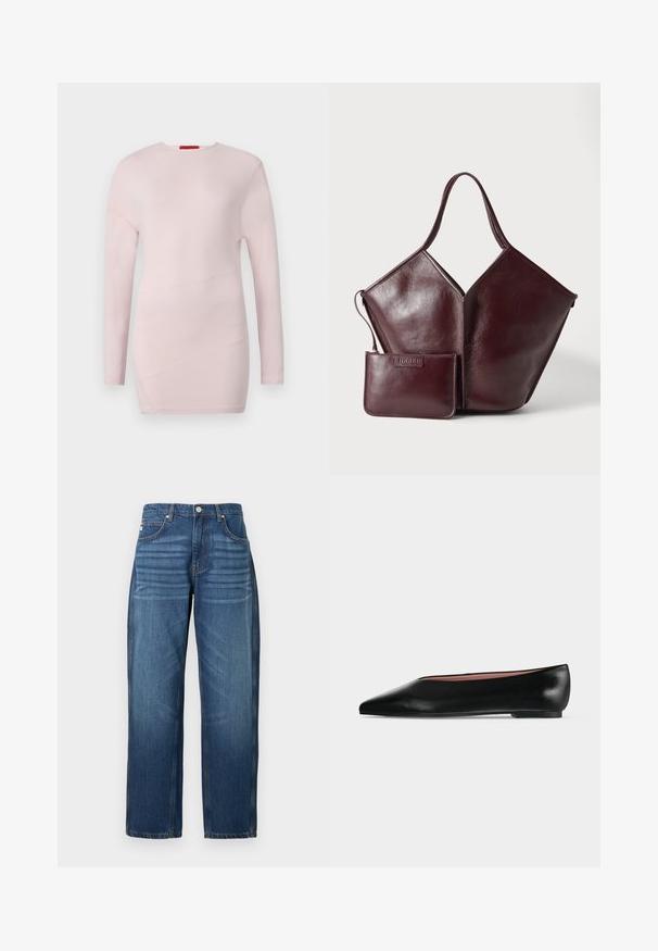 Lyserød bluse med lange ærmer og rund hals, med diagonale sømdetaljer og en glat tekstur.; Mørkeblå denimjeans, lige ben-design, fem lommer og kobberfarvet syning ved sømmene. Glat tekstur med let falming på stoffet.; Sort damesko i læder med flad hæl og spids tå, vist fra siden på en ensfarvet lys grå baggrund.; Mørkebrun læderhåndtaske med enkelt håndtag og en matchende lille lynlåspung placeret foran på en lys baggrund.