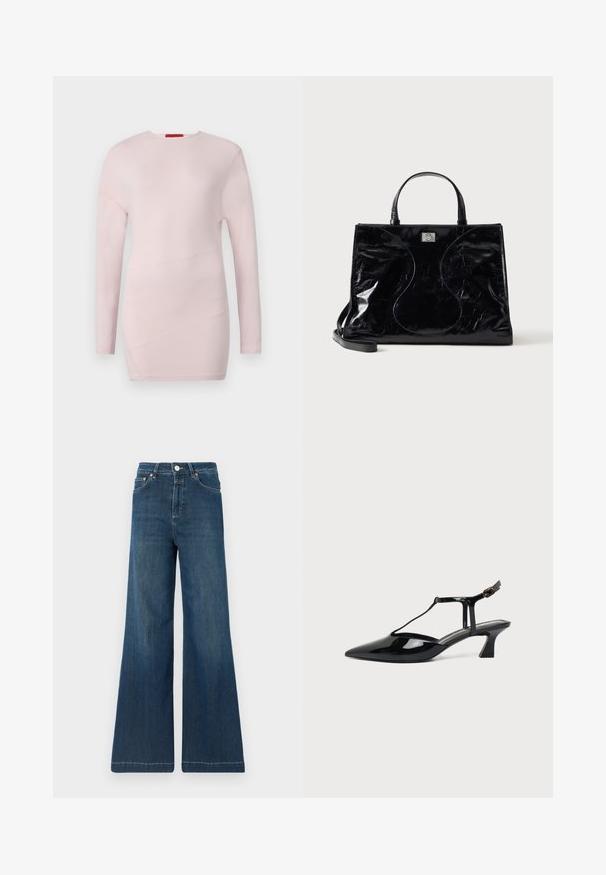 Top de manga larga de color rosa claro con cuello redondo, que presenta detalles de costura diagonal y una textura suave.; Jeans de pierna ancha en denim azul oscuro, con una cintura alta, herrajes en cobre y un ligero desvanecimiento. Bajo limpio sin patrones adicionales.; Zapato slingback de cuero charol negro con punta fina, tira en T y tacón bajo en bloque inclinado sobre fondo blanco.; Bolso de mano de piel negra brillante con asas cortas, bandolera desmontable y detalles sutiles de costuras curvas en la parte delantera.