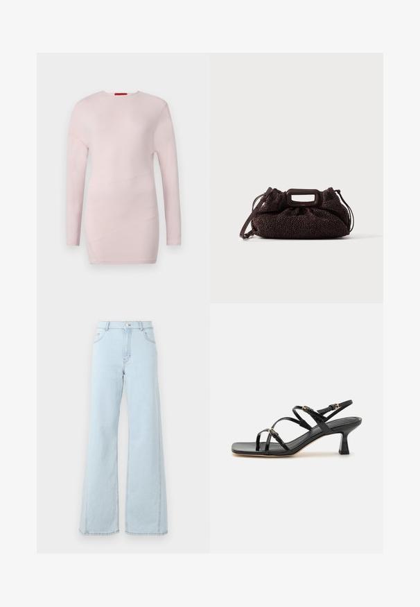 Lyserød bluse med lange ærmer og rund hals, med diagonale sømdetaljer og en glat tekstur.; Lysblå denim wide-leg jeans har høj talje, frontlommer og synlige stiksyninger på sømmene og kanten.; Sorte lakerede sandaler med stropper, kvadratisk tå og en lav blokhæl. Udstyret med guldfarvet hardware og justerbare ankelremme.; Mørkebrun tekstureret håndtaske med rektangulært udskåret håndtag og aftagelig skulderrem på ensfarvet lys baggrund.