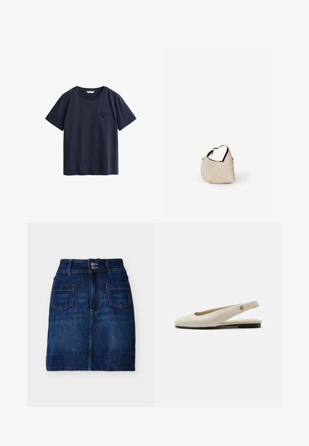 Mørkeblå bomulds T-shirt med korte ærmer, rund halsudskæring og lille præget logo på venstre bryst.; Mørkeblå denimnederdel med forlommer, dobbel knaplukning, bæltestropper og synlige sømme, lagt fladt på en hvid baggrund.; Flatsko i cremefarvet læder med rundet tå og lille guldemblem på remmen.; Beige læder håndtaske i halvmåneform med en enkelt skulderrem og minimal syning, sat mod en ensartet hvid baggrund.