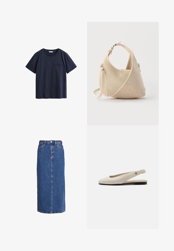 Mørkeblå bomulds T-shirt med korte ærmer, rund halsudskæring og lille præget logo på venstre bryst.; Denim midi nederdel i mellemblå med lige snit, forkant knaplukning, to sidelommer og synlige sømme for struktur.; Flatsko i cremefarvet læder med rundet tå og lille guldemblem på remmen.; Beige halvmåneformet håndtaske med blandede stofteksturer, kort håndtag og aftagelig skulderrem, sat mod en lys baggrund.