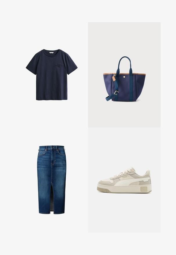 Marineblauw katoenen T-shirt met korte mouwen, een ronde hals en een klein reliëflogo op de linkerborst.; Donkerblauwe denim midi-rok met voorgevel, knoopsluiting, ceintuurlussen en voorzakken.; Beige sneakers met een gestructureerde bovenkant, contrasterende witte strepen, vetersluiting en een dikke rubberen zool met een gestructureerd profiel.; Donkerblauwe draagtas met bruine afwerking en dubbele handvatten, voorzien van een verstelbare schouderriem met gouden gesp en een klein gouden knoopdetail.