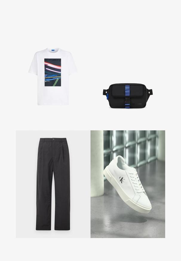 Camiseta de algodón blanca con un gráfico rectangular central que presenta franjas de luz coloridas en rojo, azul y verde sobre un fondo negro.; Pantalones negros hechos de tela ligera. Presentan un diseño plisado, cintura elástica con botón y corte recto en las piernas.; Zapatilla blanca Calvin Klein con cordones, mostrada flotando sobre un suelo de cemento pulido y un fondo de pared de bloques de vidrio.; Bolsa de tela negra con forma rectangular, que cuenta con una correa azul y un cierre, un lazo lateral y un logo en relieve en la parte frontal.