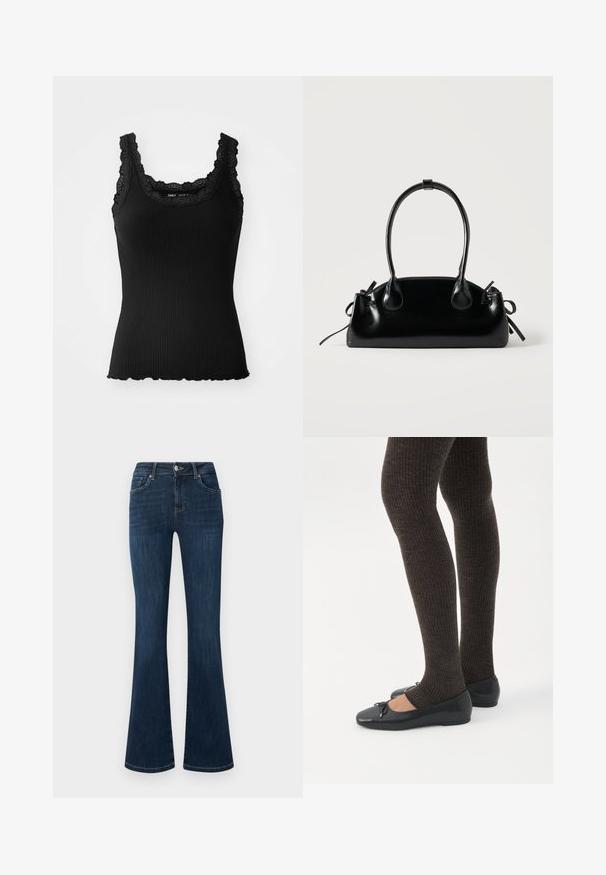 Débardeur noir à côtes avec des garnitures en dentelle au niveau du col et des épaules, présentant un ourlet en feston et un design ajusté, fabriqué en tissu extensible.; Jean en denim bleu foncé avec une taille mi-haute, style cinq poches et jambes évasées, présenté à plat sur un fond blanc.; Jambes portant des leggings côtelés foncés associés à des ballerines noires avec de petits détails en nœud sur fond blanc.; Petit sac à main noir brillant avec deux longues anses et des détails à cordon sur les côtés sur un fond clair uni.