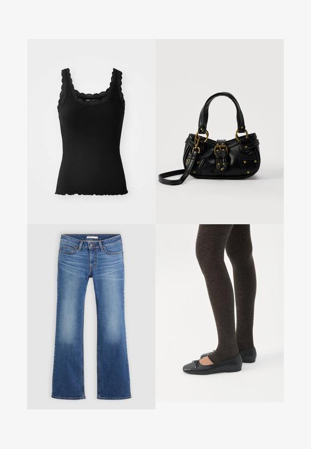 Débardeur noir à côtes avec des garnitures en dentelle au niveau du col et des épaules, présentant un ourlet en feston et un design ajusté, fabriqué en tissu extensible.; Jeans évasés en denim bleu clair avec un design classique à cinq poches, des coutures cousues et une finition légèrement décolorée sur les cuisses et les genoux.; Jambes portant des leggings côtelés foncés associés à des ballerines noires avec de petits détails en nœud sur fond blanc.; Sac à main en cuir noir avec boucle dorée et détails à rivets, poignées courtes et bandoulière réglable sur fond blanc uni.