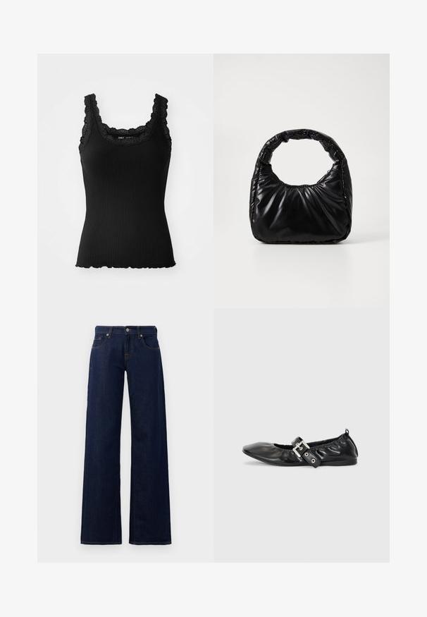 Débardeur noir à côtes avec des garnitures en dentelle au niveau du col et des épaules, présentant un ourlet en feston et un design ajusté, fabriqué en tissu extensible.; Jeans évasés en denim bleu foncé, dotés d'un design classique à cinq poches, de coutures cuivrées et d'une fermeture par bouton à la taille.; Chaussure plate en cuir noir avec un nez pointu, des détails froncés autour de l'ouverture et un accent en boucle argentée sur la bride ajustable.; Sac à main noir rembourré avec une poignée arrondie, présentant une surface lisse et brillante ainsi qu'une texture douce et matelassée. Pas de quincaillerie ou d'accents visibles.
