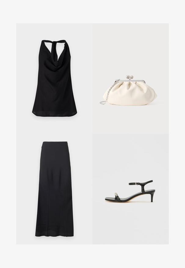 Top noir sans manches avec un décolleté drapé, un dos nu avec une fermeture à lien, et une silhouette fluide. Fabriqué en tissu léger.; Jupe noire longue jusqu'au sol en tissu lisse ; présente un design épuré et profilé sans motifs ni ornements supplémentaires.; Sandale noire en cuir à talon avec bride à la cheville, bout ouvert, devant carré et accent en métal argenté. Design ajusté avec un profil élégant.; Pochette en tissu crème avec un design froncé, cadre en métal argenté, deux boules décoratives, et une bandoulière chaîne argentée.