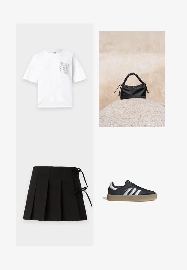Camiseta de algodón blanca de manga corta con un bolsillo cuadrado adornado con detalles de tachuelas plateadas en el lado izquierdo. Corte relajado y diseño sencillo.; Falda plisada negra con lazos laterales, hecha de una tela de textura suave; presenta un diseño estructurado y líneas limpias.; Zapatilla deportiva de cuero negro con tres rayas plateadas, punta texturizada y suela de goma. Cuenta con un collar acolchado y un diseño con cordones.; Bolso negro fruncido con asa recogida, apoyado sobre una esfera de piedra texturizada frente a una pared de hormigón beige.