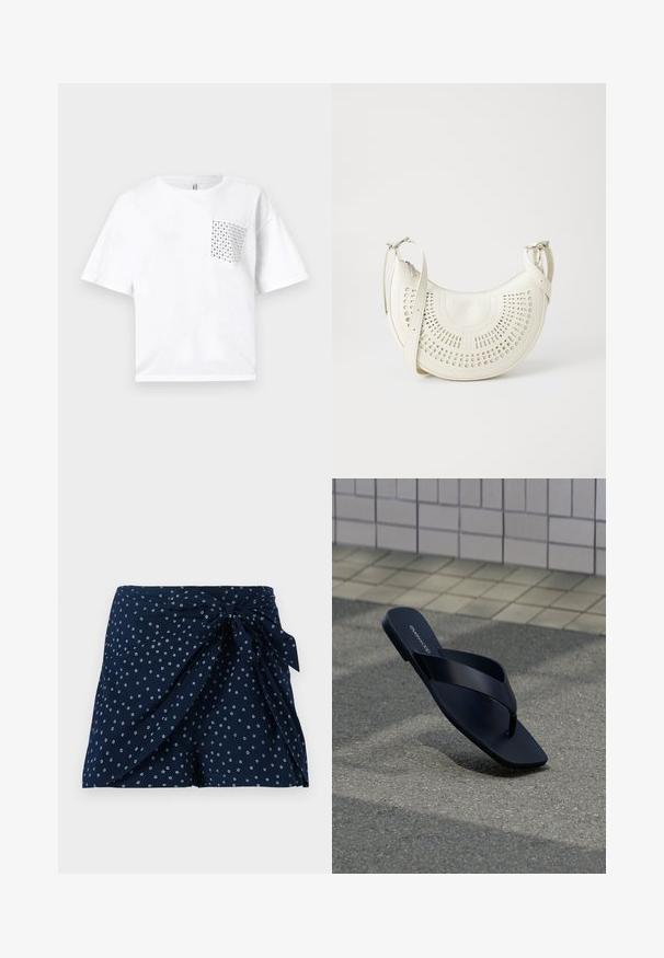 Camiseta de algodón blanca de manga corta con un bolsillo cuadrado adornado con detalles de tachuelas plateadas en el lado izquierdo. Corte relajado y diseño sencillo.; Bermudas azul marino con un diseño envolvente y detalle en la parte delantera con lazo. Presentan un patrón circular blanco disperso. Hechas de una tela ligera.; Sandalia negra tipo tanga con punta cuadrada y nombre de la marca en la plantilla, colocada en posición vertical sobre pavimento texturizado cerca de una pared con azulejos.; Bolso bandolera de cuero vegano blanco con diseño circular perforado, correa ajustable y logotipo grabado en la parte delantera. Cierre de cremallera en la parte superior.