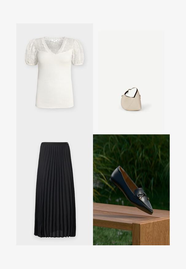 Haut blanc en maille côtelée avec encolure en V en dentelle florale, manches courtes bouffantes en dentelle, poignets élastiqués et silhouette ajustée.; Jupe midi plissée noire avec ceinture élastique, en tissu léger, présentée à plat sur un fond clair.; Mocassin en cuir noir avec un détail en nœud flottant au-dessus d'un banc en bois, avec de l'herbe verte et des plantes en arrière-plan.; Sac à main en cuir beige en forme de croissant avec une seule bandoulière et des coutures minimalistes, posé sur un fond blanc uni.