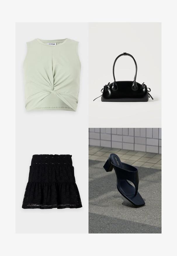 Haut sans manches vert clair en matériau doux, présentant un détail noué à l'avant et une coupe ajustée. Texture lisse, encolure ronde.; Jupe en dentelle noire avec une taille élastique. Caractéristiques d'un design évasé et à plusieurs niveaux, avec une texture transparente, créant une apparence en couches.; Sandale à talon noire avec bout carré et large bride, posée sur un bitume gris près d'un mur carrelé.; Petit sac à main noir brillant avec deux longues anses et des détails à cordon sur les côtés sur un fond clair uni.