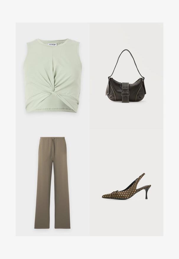 Haut sans manches vert clair en matériau doux, présentant un détail noué à l'avant et une coupe ajustée. Texture lisse, encolure ronde.; Pantalons larges en vert olive, fabriqués en tissu doux, dotés d'une taille élastique avec cordon de serrage et sans poches visibles.; Chaussure à talon haut slingback marron à pois blancs, bout pointu, petit nœud et talon stiletto noir sur fond uni.; Sac à épaule en cuir noir avec une sangle à boucle, des bords arrondis et des coutures blanches contrastées sur un fond uni.