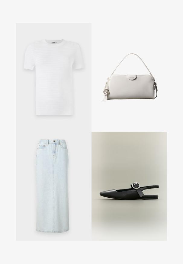 T-shirt blanc à manches courtes en tissu texturé avec un motif côtelé. Le design comprend un col rond et une coupe droite.; Jupe maxi en denim bleu clair avec un design droit, fermeture à boutons sur le devant et couture visible. Elle comporte deux poches avant.; Chaussure plate slingback noire à bout pointu, boucle argentée et petit talon sur fond neutre.; Sac à main rectangulaire blanc Calvin Klein avec une seule poignée, design minimaliste et pampilles décoratives avec un charm métallique géométrique sur le côté.