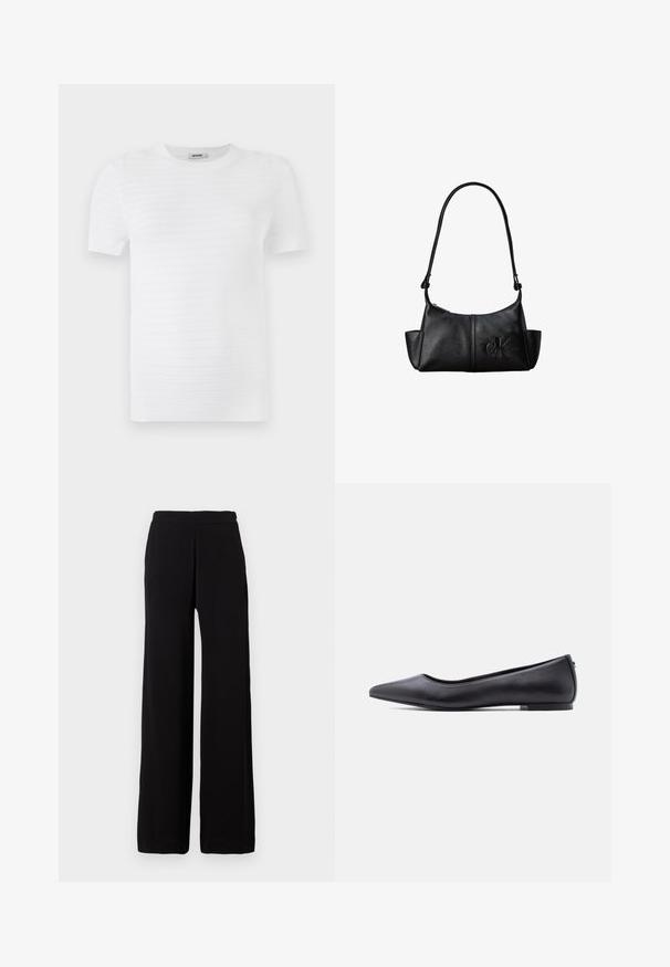 T-shirt blanc à manches courtes en tissu texturé avec un motif côtelé. Le design comprend un col rond et une coupe droite.; Pantalon noir à jambes larges en tissu doux avec une taille élastique, présentant un design épuré sans motifs ni accents visibles.; Chaussure plate en cuir noire à bout pointu avec petit talon, vue de profil sur fond blanc.; Sac à bandoulière en cuir noir avec une longue sangle, des poches latérales et le logo Calvin Klein embossé sur le devant.