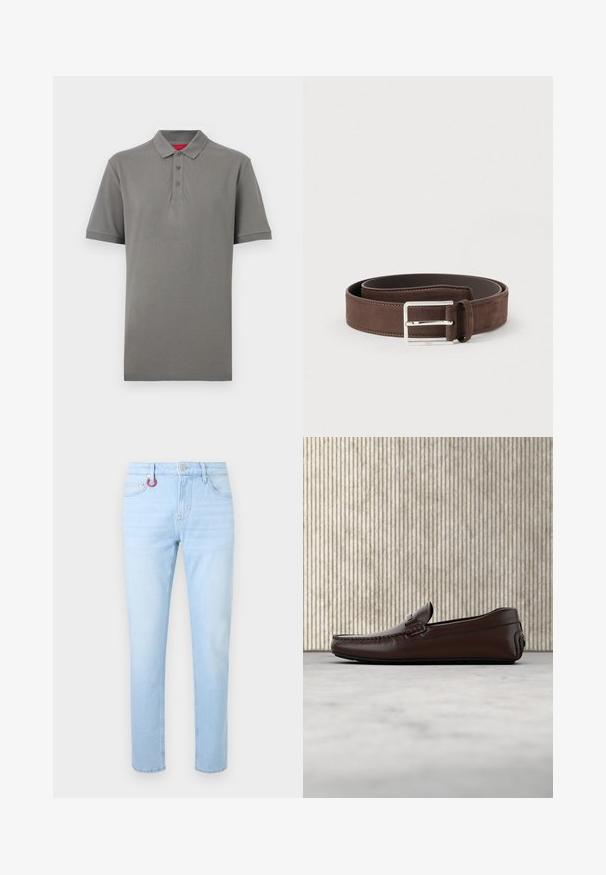 Polo gris à manches courtes avec col et trois boutons, arborant un petit logo "HUGO" sur la poitrine gauche.; Jean droit bleu clair avec poches avant, passants pour ceinture, fermeture par bouton et un petit porte-clés rouge attaché au passant gauche.; Mocassins en cuir marron avec une finition lisse, des coutures de style mocassin, un bout rehaussé et une semelle en caoutchouc basse et flexible.; Ceinture en daim marron à la texture lisse, avec une boucle en métal argenté et un design simple. Dispose d'une doublure en cuir et de détails de couture.