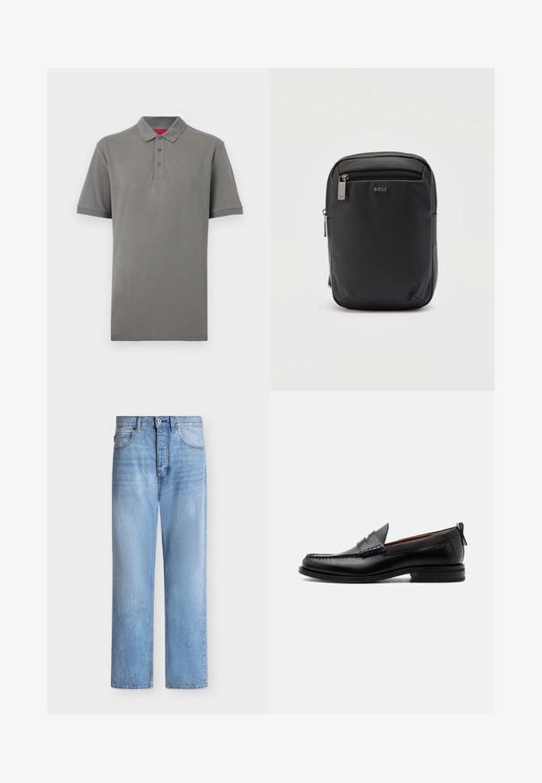 Polo gris à manches courtes avec col et trois boutons, arborant un petit logo "HUGO" sur la poitrine gauche.; Jean droit en denim bleu clair avec fermeture par bouton et zip, poches avant et arrière, et passants de ceinture à la taille.; Mocassin homme en cuir noir avec couture moc toe, bride penny, col texturé et petit talon empilé sur fond blanc.; Sac bandoulière noir compact avec poche avant zippée, logo BOSS argenté, et design minimaliste et lisse sur fond blanc uni.