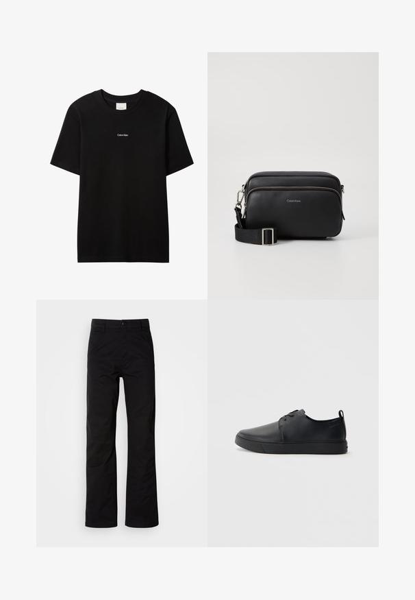 Schwarzes Baumwoll-T-Shirt mit Rundhalsausschnitt und kurzen Ärmeln. Auf der Vorderseite befindet sich ein kleines weißes "Calvin Klein"-Logo. Glatte, klassische Passform.; Schwarze Baumwollhosen mit geradem Bein, ausgestattet mit einem Knopfverschluss und Gürtelschlaufen. Glatte Textur und minimalistischer Stil ohne sichtbare Muster.; Schwarze Leder-Sneaker mit glatter Oberfläche, abgerundeter Zehenpartie, gleichfarbiger Nähte, schnürbarem Vorderteil und flacher Gummisohle. Schlaufe an der Ferse.; Schwarze Leder-Crossbody-Tasche mit zwei Reißverschlussfächern, strukturiertem Finish, verstellbarem Tragegurt und silbernen Hardware-Details. Calvin Klein-Logo angebracht.