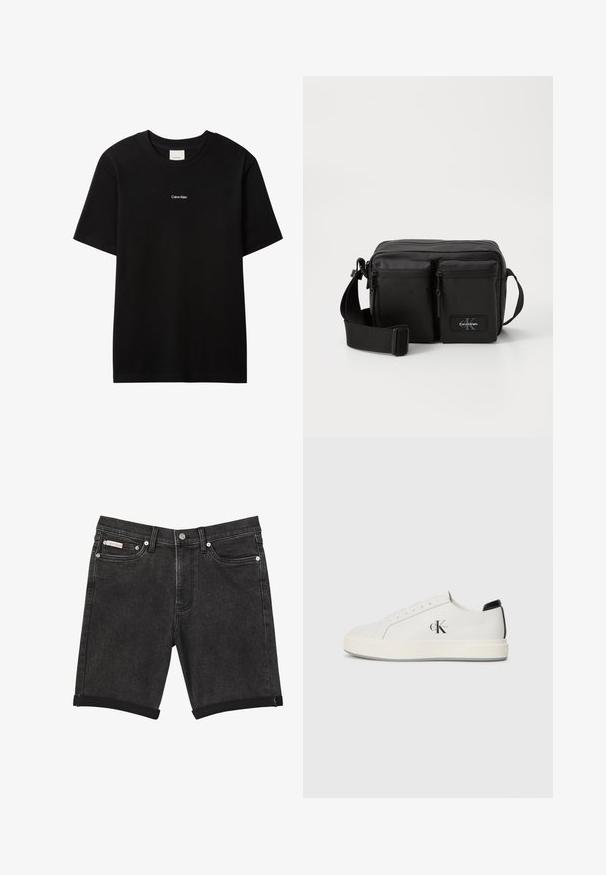 Must puuvillane t-särk ümarselguse ja lühikeste varrukatega. Esiküljel väike valge "Calvin Klein" logo. Sile, klassikalise lõikega.; Mustad teksapüksid voltidega ääred, eesmine nööbi ja lukuga kinnis, vööaasad ning esimesed taskud ühevärvilisel taustal.; Valged nahast spordijalatsid ümarate varvastega, tasase kummist tallaga ja musta kandiosa aktsendiga. Küljel on silmapaistev must Calvin Kleini logo.; Must must bag vastupidavast kangast, millel on kaks lukuga esikotti, reguleeritav rihm ja logo patch.