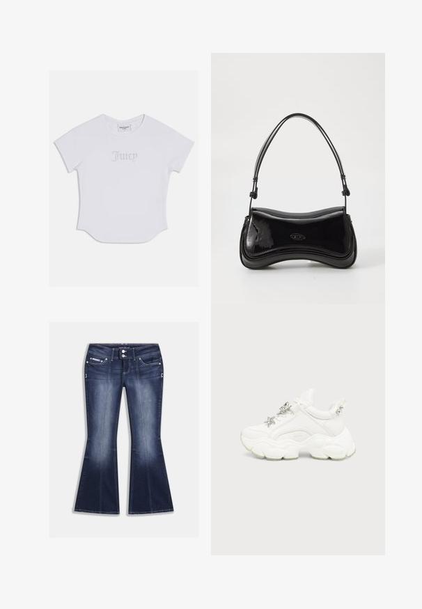 Hvid T-shirt med korte ærmer og rund kant, med "Juicy" i krystal dekorationer på fronten. Blødt bomuldsstof.; Mørkeblå, viddeudvidede jeans lavet af denim, med fem lommer, kontrastsyninger og lukning med knap samt dekorative detaljer foran.; Hvid chunky sneaker med tyk tekstureret sål, sølvstjerne og sommerfugledekorationer på hvide snørebånd og sølvnitter på hælremmen.; Sort patentlæder håndtaske med en buet form, et enkelt håndtag og en rund bund. Har en subtil logo-detalje på forsiden.