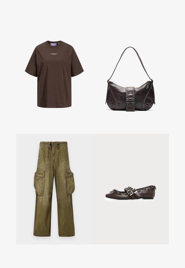 Braunes T-Shirt mit kurzen Ärmeln und Rundhalsausschnitt, mit weißem "JJXX STUDIO"-Logo mittig auf der Brust.; Olivgrüne Cargo-Hosen mit lässiger Passform, elastischem Bund, Kordelzug, zwei seitlichen Taschen und zwei großen Cargo-Taschen. Leichte Abnutzung.; Dunkelbrauner flacher Lederschuh mit spitzer Spitze, doppelten silbernen Schnallenriemen, Metallösen und dekorativer Schleife vorne.; Braune Lederumhängetasche mit gebogener Form, die mit einem auffälligen Schnallendetail, kontrastierenden Nähten und einem einzigen Schulterriemen ausgestattet ist.