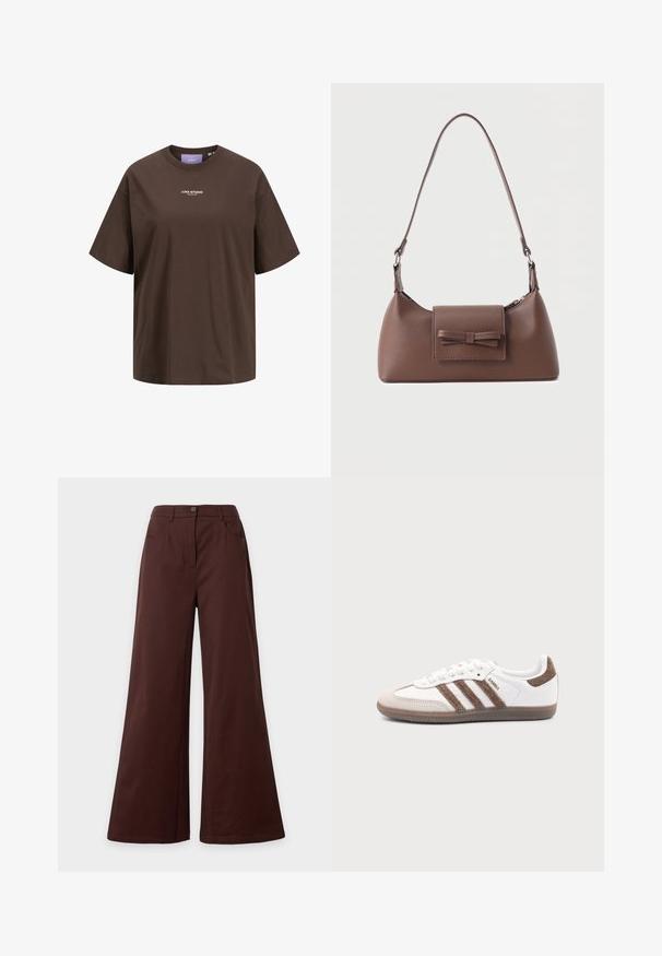 Braunes T-Shirt mit kurzen Ärmeln und Rundhalsausschnitt, mit weißem "JJXX STUDIO"-Logo mittig auf der Brust.; Braune Hose mit weitem Bein, vorderer Knopf und Taschen, auf hellem einfarbigem Hintergrund dargestellt.; Weißer Adidas Samba Sneaker mit braunen Wildlederstreifen, brauner Gummisohle und beiger Wildlederkappe, von der Außenseite auf schlichtem Hintergrund gezeigt.; Braune Leder-Umhängetasche mit einer vorderen Klappentasche, die ein gestepptes Schleifendetail und einen verstellbaren Riemen aufweist.