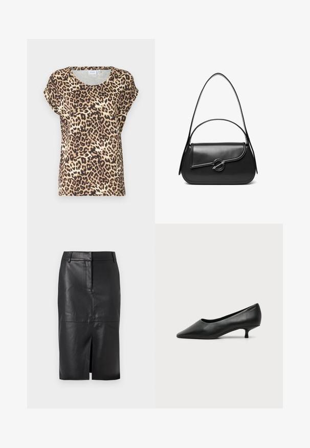 Leopardmønster kortærmet top i beige og brun, med en rund halsudskæring og afslappet pasform. Stoffet ser glat og let ud.; Sort læder blyantskørter med en forslidser, der har en glat tekstur, to sidelommer og en tætsiddende silhuet.; Sort lavhælet damesko i læder med spids tå og lille kitten heel på ensfarvet lys baggrund.; Sort skuldertaske i læder med en buet klap, der er fastgjort med en rund metal spænde, og en slank, justerbar rem.
